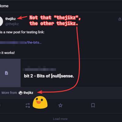A screen shot of another thejikz account for testing purposes. It shows me posting to the account, and the link to an off mastodon article is showing a link to my main thejikz account. The post is that of a default Mastodon instance theme in formatting and colors.